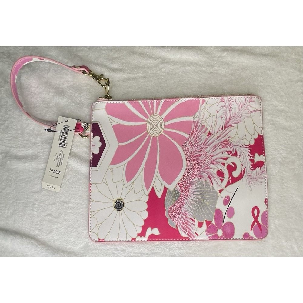 NEW Chicos Floral Printed Zip Pouch Wristlet Pink Flowers Breast Cancer LBBC